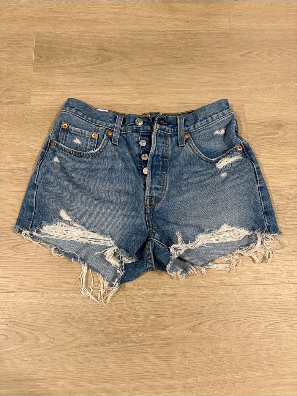 Levi's 501 Distressed High-Rise Denim Shorts - Blue